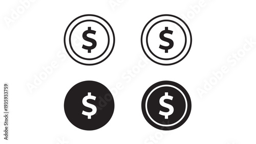 Coins dollar icon set with outlines and solid fills for financial and business graphic design elements