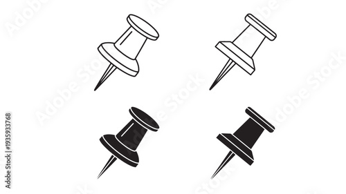 Push pins icon set with outline and solid fill versions, graphic design elements for office supplies and stationery.