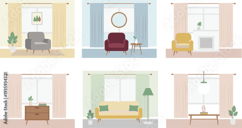 Collection Of Cozy Living Room Interior Illustrations Set With Modern Furniture Sofa Armchairs Curtains Lamps And Home Decor In Flat Style