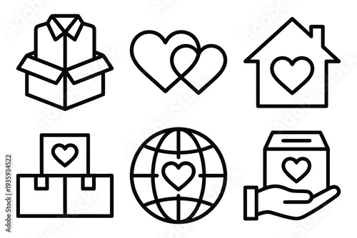 Charity and donation icons: open box, heart, house, globe, hand holding donation box