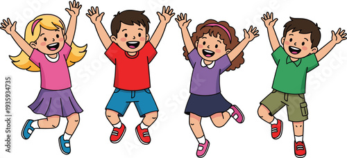 Collection Of Happy Diverse Children Characters Jumping And Cheering Together With Arms Raised Celebrating Success In Flat Cartoon Illustration Style