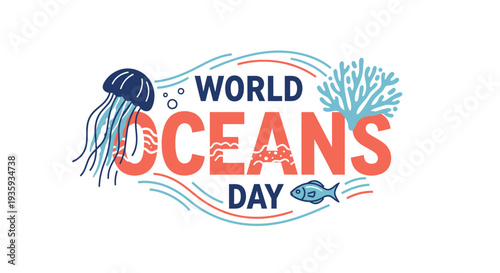 World Oceans Day  ocean conservation awareness campaign logo with sea creatures and coral
