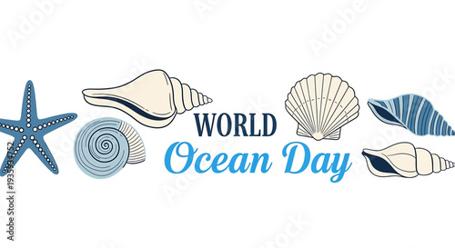World Ocean Day celebration with sea shells and starfish illustration
