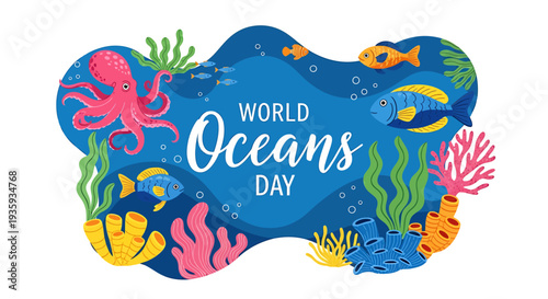 World Oceans Day colorful illustration with ocean creatures and coral reef elements