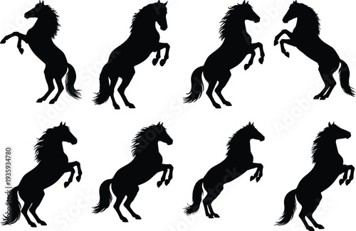 A collection of eight powerful black horse silhouettes rearing majestically on their hind legs, showcasing strength and elegance against a clean white background, perfect for equestrian designs.