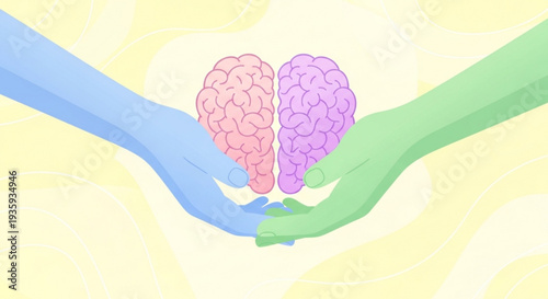 Two hands holding a brain with pink and purple hemispheres on a yellow background symbolizing unity and cooperation