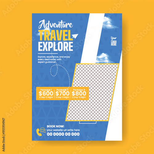 Professional Travel Booking Promotional Design Flyer Poster Leaflet for Adventure Tour Package, Global Travel Marketing Template, Visa Assistance, Online Reservation Service