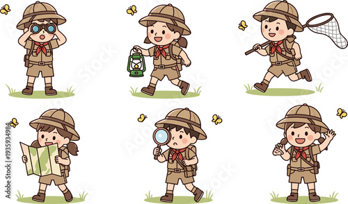 Set Of Cute Scout Kids Characters In Uniform Exploring Nature With Binoculars Lantern Map Magnifying Glass And Butterfly Net Illustration