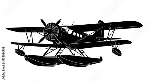 Black silhouette of a vintage biplane with floats on a white background