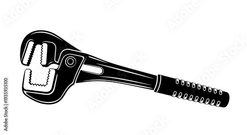 A black and white illustration of a large adjustable wrench on white