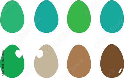 Eight eggs in green blue brown and beige colors