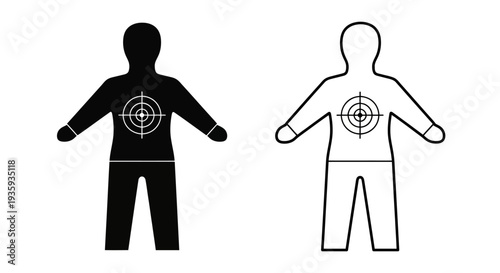 Human target silhouette in black and white with a central bullseye