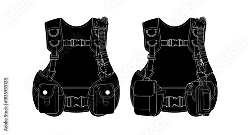 Two black and white line art illustrations of tactical vests