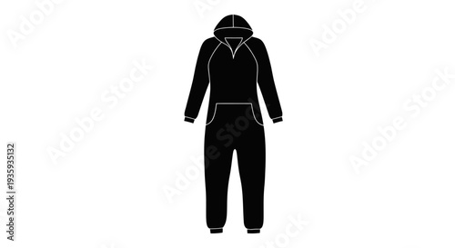 Black and white illustration of a hooded jumpsuit or onesie