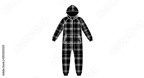 Black and white illustration of a hooded plaid jumpsuit or onesie