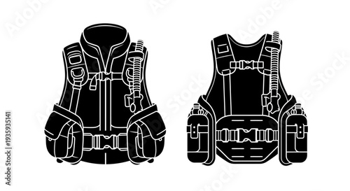 Black and white silhouette of two life jackets front and back views