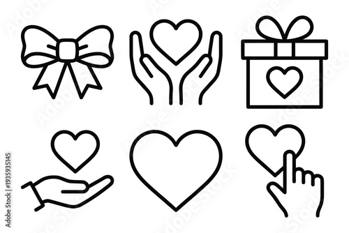 Love and donation icons: gift box, hands holding heart, heart icon, bow