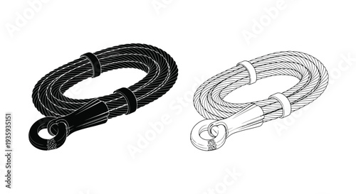 Two coiled steel cables with hooks one dark and one light
