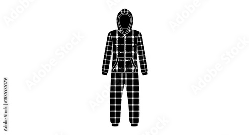 Black and white illustration of a hooded plaid jumpsuit or onesie