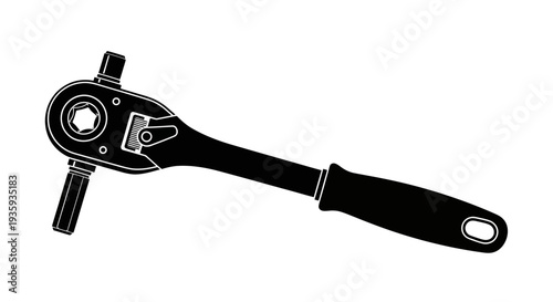 Black and white illustration of a ratchet wrench tool on a white background