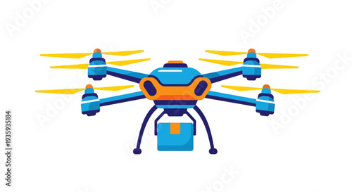 A colorful delivery drone carrying a blue package below its center