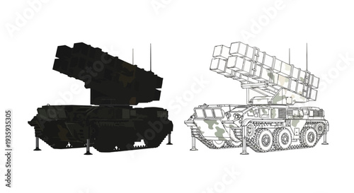 Detailed illustration of a military missile system vehicle in two styles