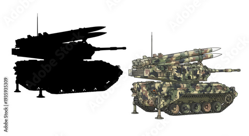 Military vehicles a tank silhouette and a self propelled artillery system