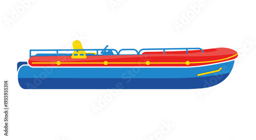 Stylized illustration of a red and blue inflatable rescue boat with a yellow seat