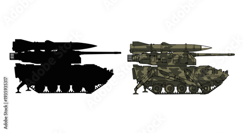 Stylized illustration of a military vehicle with two contrasting views