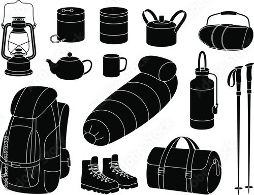 Black and white silhouettes of camping gear including backpack sleeping bag boots teapot