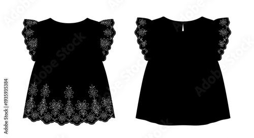 Black dress design with floral details and ruffled sleeves front and back views