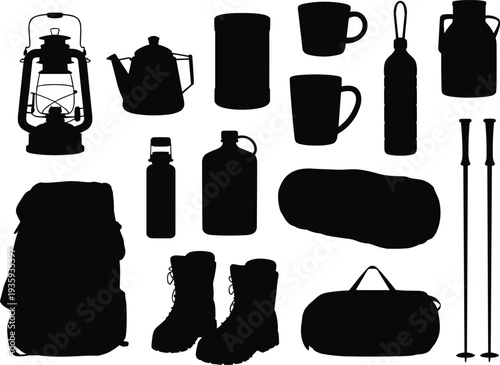 Silhouettes of camping gear including lantern kettle bottles boots and backpack