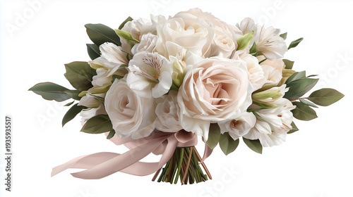Beautiful bouquet of white roses and flowers with elegant ribbon