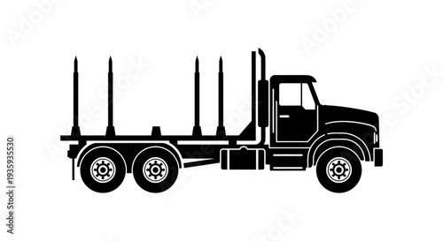 A black silhouette of a logging truck carrying a full load of timber