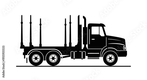 Black silhouette of a logging truck carrying a large load of logs