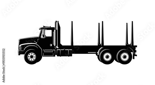 Black and white silhouette of a logging truck carrying large logs