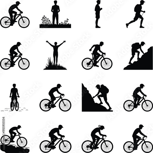 Silhouettes of men cycling hiking climbing and running in outdoor settings