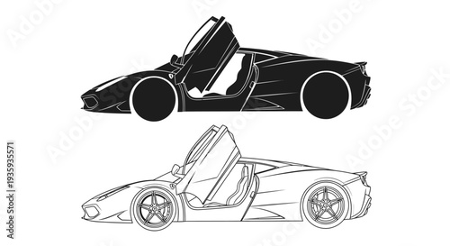 Line art illustration of a sports car with open doors presented in two views