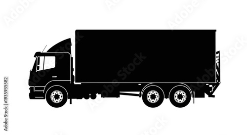 Silhouette of a semi truck with a box trailer against a white background