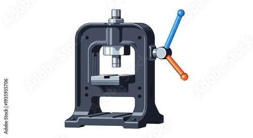 Illustration of a vintage metal vise with a blue and orange handle
