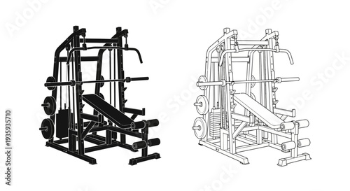 Detailed illustration of a weight training machine and its mirrored perspective
