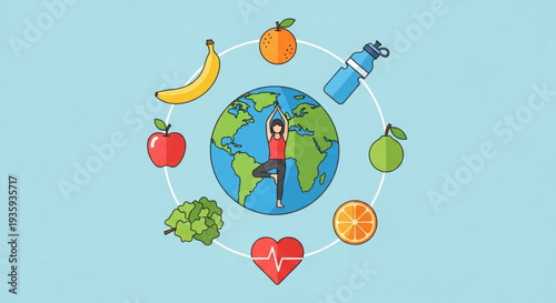 Woman practices yoga on earth surrounded by healthy food and water for wellness and a strong heart