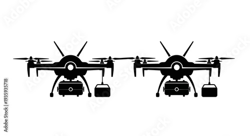 Two black drones with packages suspended below isolated on white