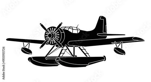 Black and white silhouette of a floatplane with radial engine and landing floats