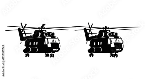 Two black silhouettes of helicopters against a plain white background