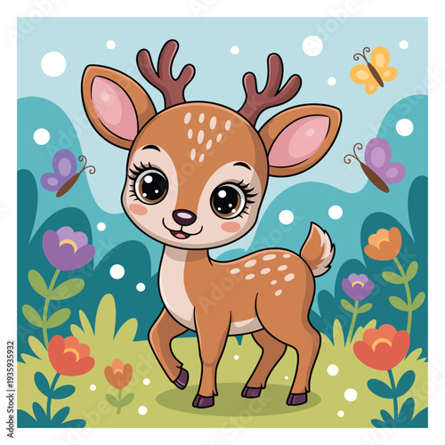 Cute cartoon fawn with butterflies and flowers deer