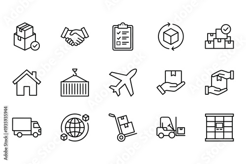 Logistics and shipping icons: cargo, delivery, airplane, warehouse, truck, global network, handshake