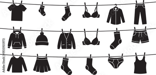 Black and white of various clothing hanging on clotheslines also transparent background laundry