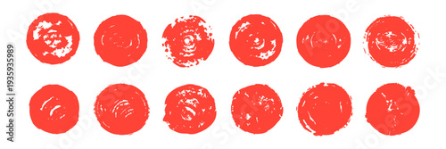Red grunge brush drawn circles and dots set. Japanese or Chinese red circles,calligraphy shapes,circular brush stamps,paint textures,seal stamp with round edges, grunge asian rough badges.Scribble ink