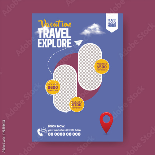 travel booking flyer poster template featuring modern layout for study abroad campaign, hotel resort promotion, global travel marketing, online reservation.